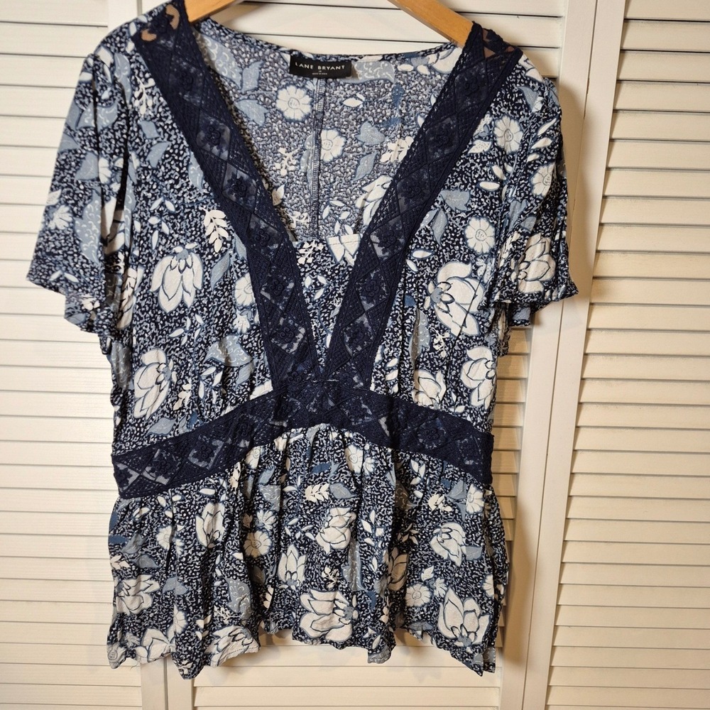 Lane Bryant Illusion‎ Collection Empire Waist Top 18 Blue White Boho Flowy Plus